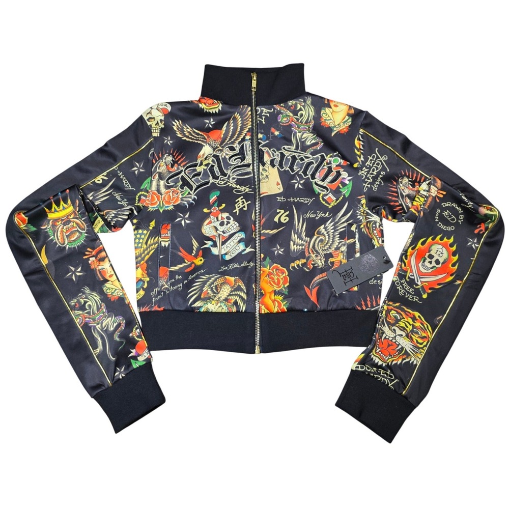 Ed Hardy Womens All Over Tattoo Print Cropped Track Jacket Black Full Zip XS NWT